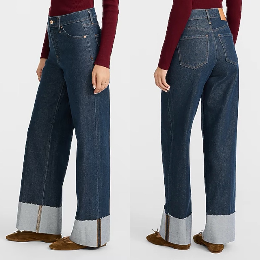 Express High Waisted Dark Wash Cuffed Wide Leg Denim Jeans - Size 12R